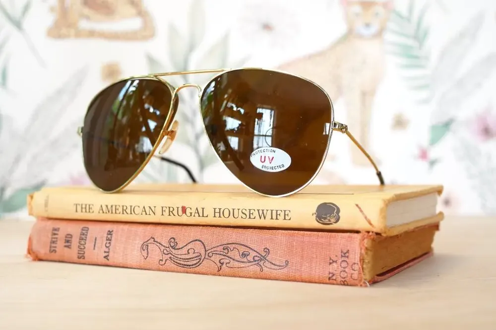 Vintage 1990s Aviator Sunglasses NOS Gold Tone Grandpa Pilot Outdoor Retro